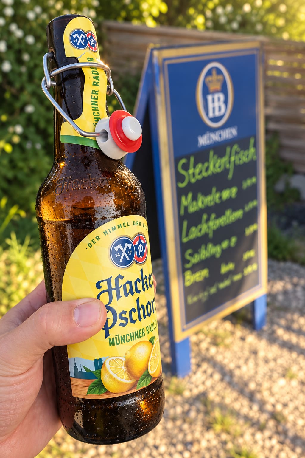 Ein Radler in der Hand vor der handgeschriebenen Angebotstafel des Steckerlfischstands